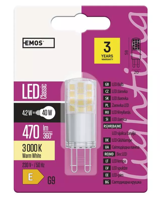 LED sijalka 4,2W=40W G9 3000K topla bela