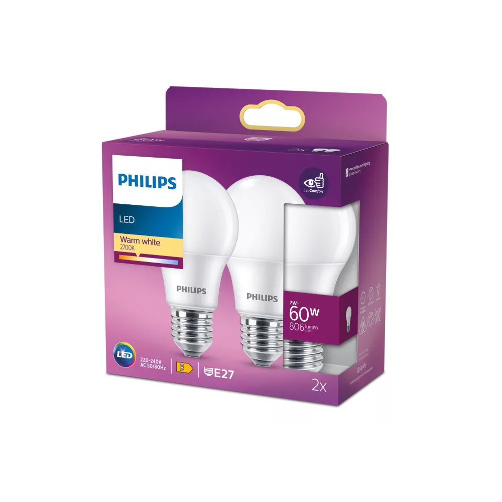 Sijalka Philips LED 8W=60W 2700K 806lm A60 Classic x2