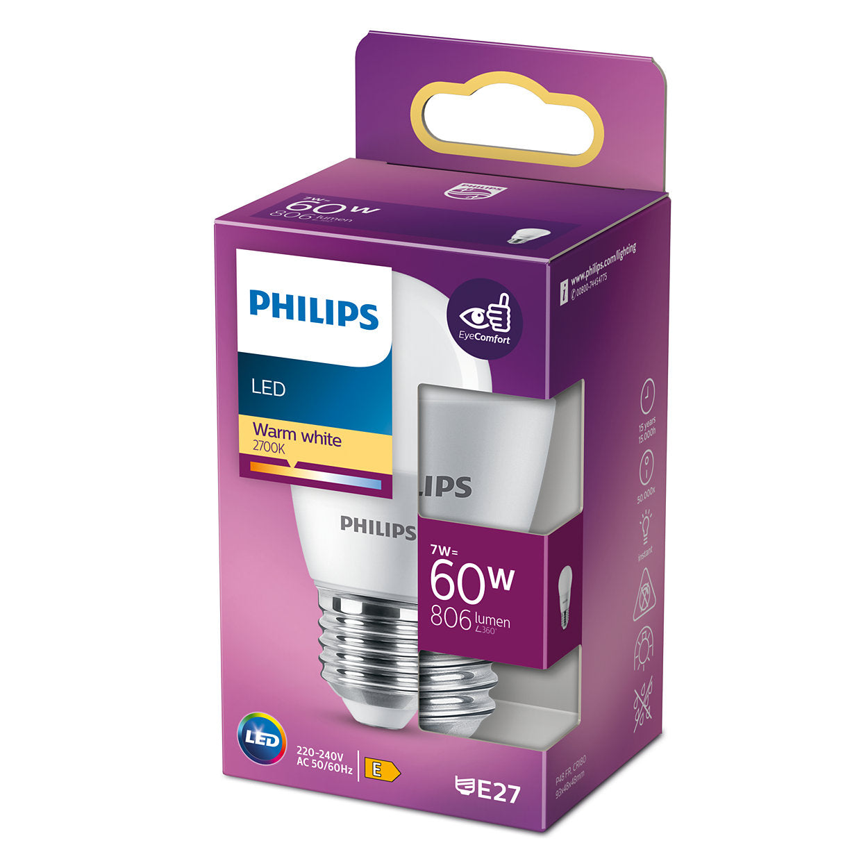 Žarnica Philips LED lustre E27 7W-60W 2700K 806lm